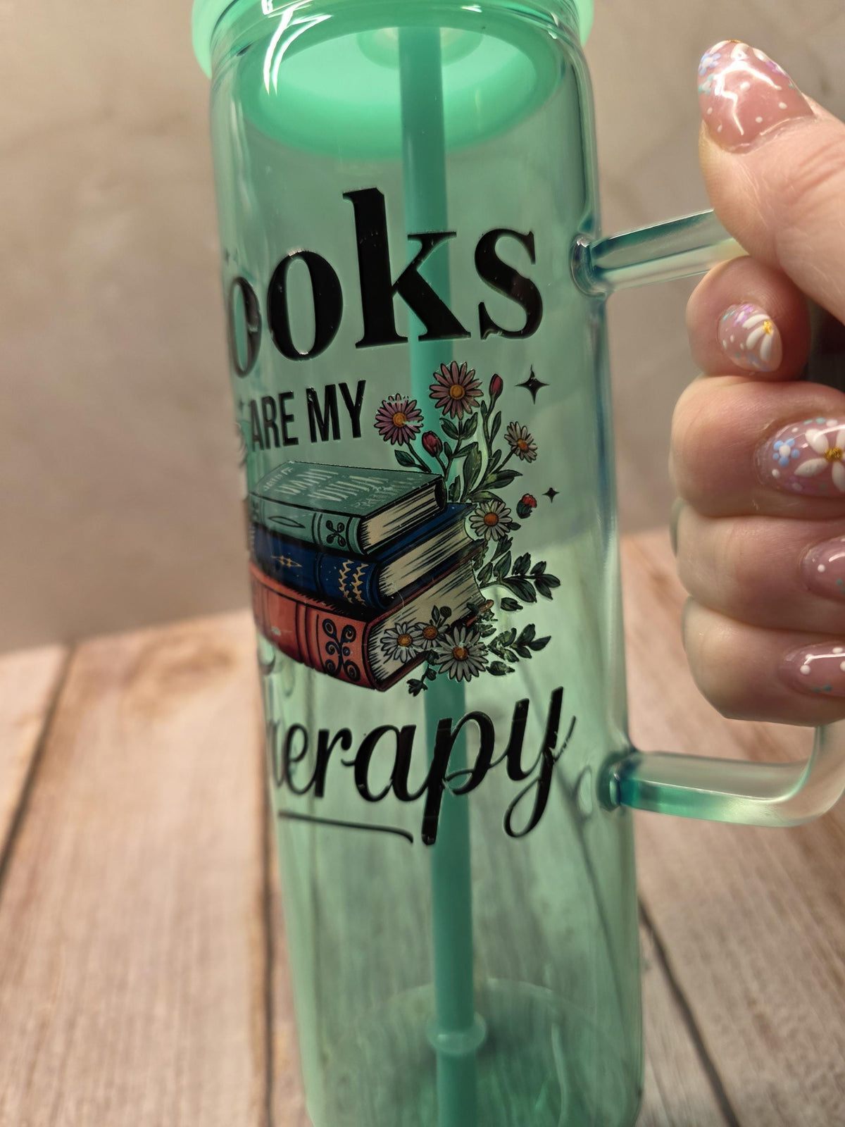 Books Are My Therapy | Green Jelly Glass 20oz Skinny Tumbler W/Handle