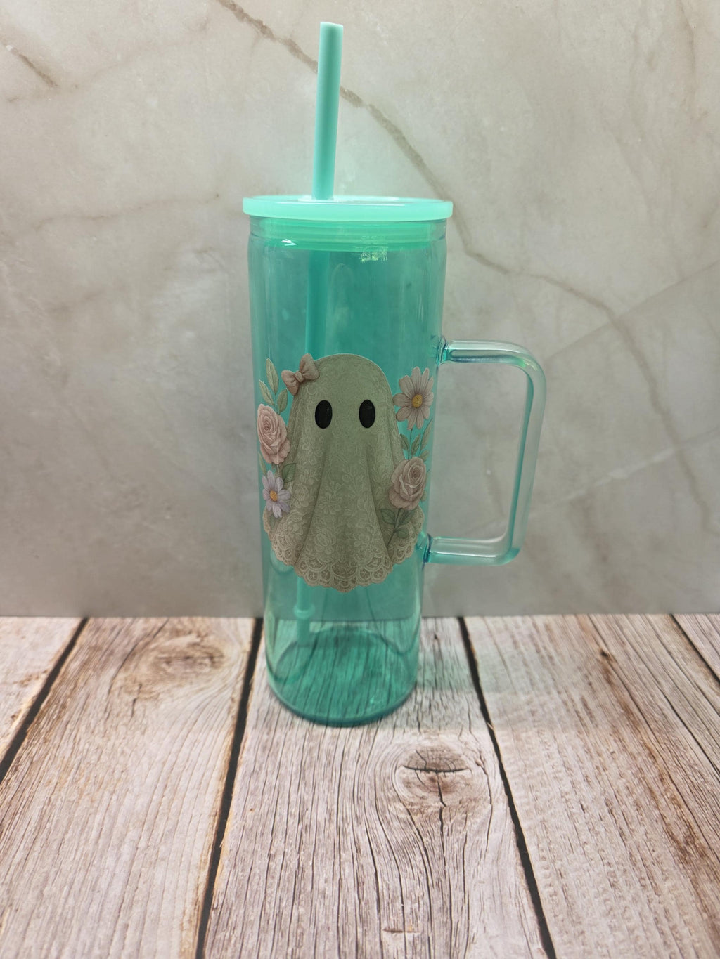 Cute Ghost | Green Jelly Glass 20oz Skinny Tumbler W/Handle