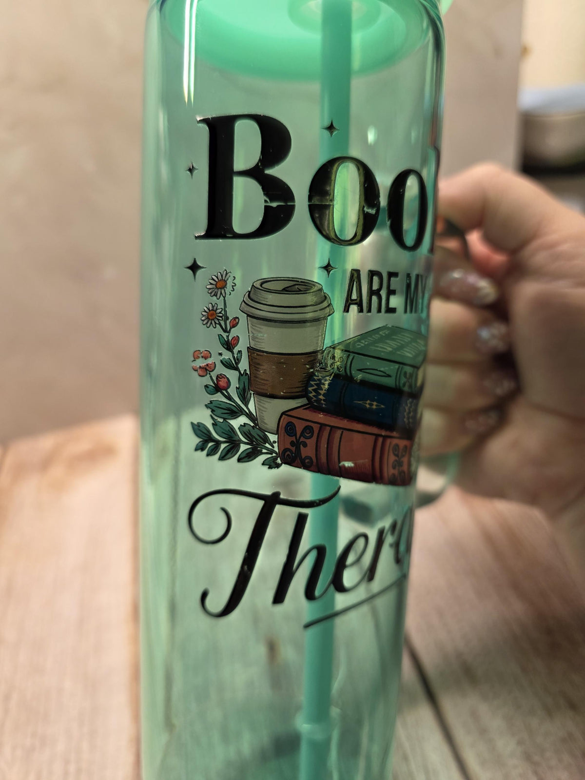 Books Are My Therapy | Green Jelly Glass 20oz Skinny Tumbler W/Handle