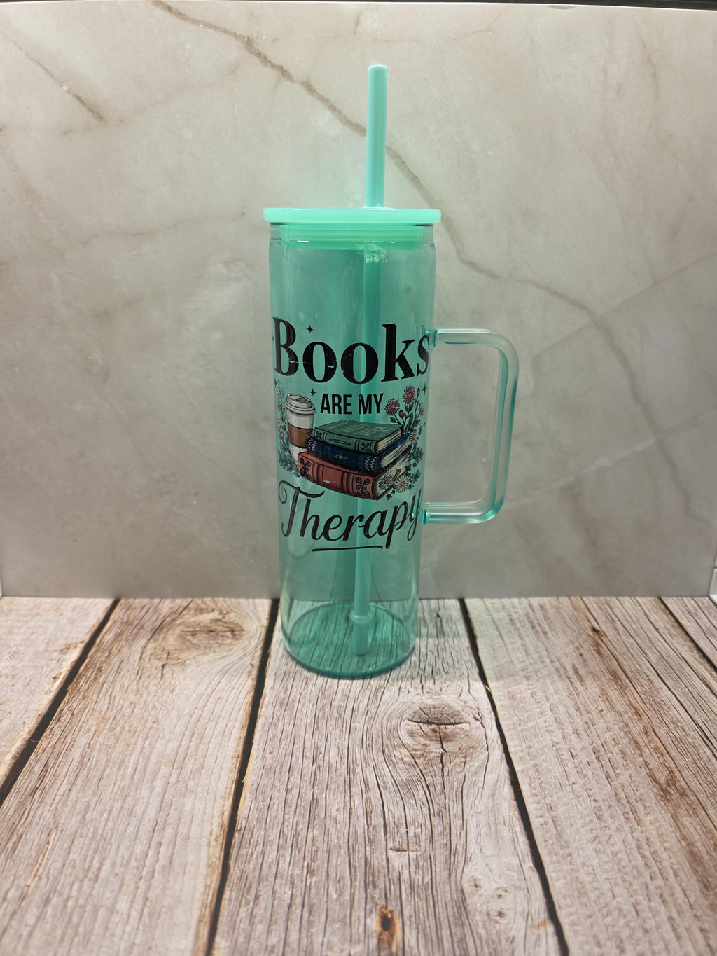 Books Are My Therapy | Green Jelly Glass 20oz Skinny Tumbler W/Handle