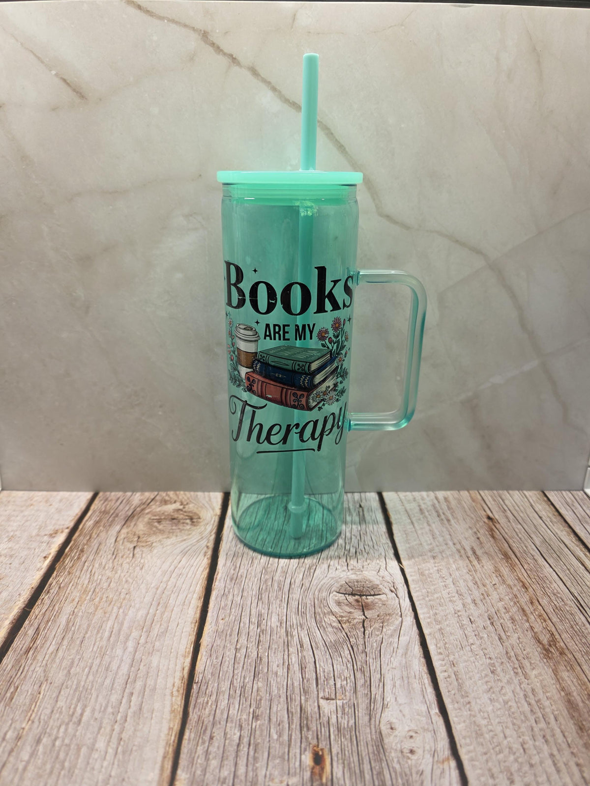 Books Are My Therapy | Green Jelly Glass 20oz Skinny Tumbler W/Handle