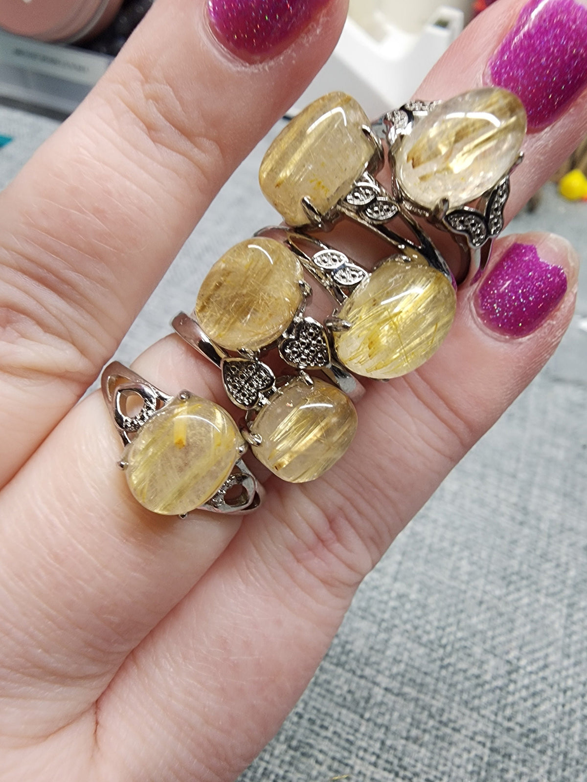 Natural Golden Rutile in Quartz Ring