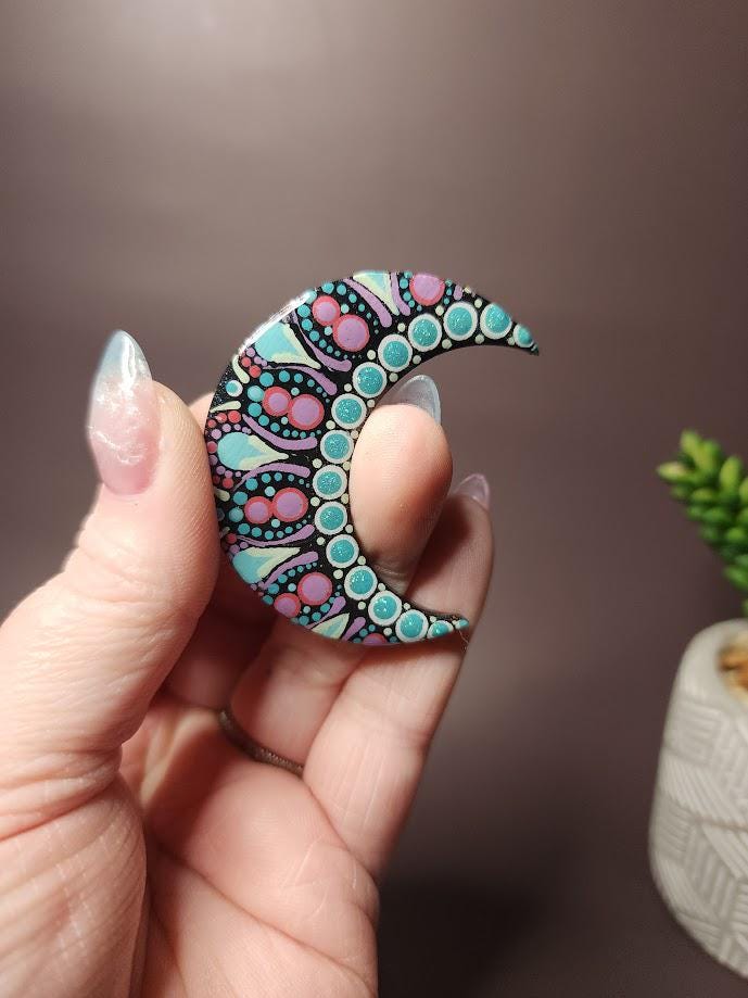 Hand Painted Pink & Teal Crescent Moon Magnet Set