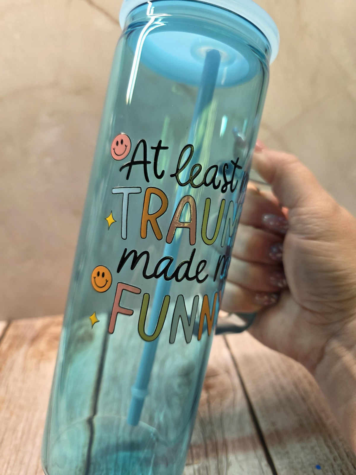 At Least My Trauma Made Me Funny | Blue Jelly Glass 20oz Skinny Tumbler W/Handle