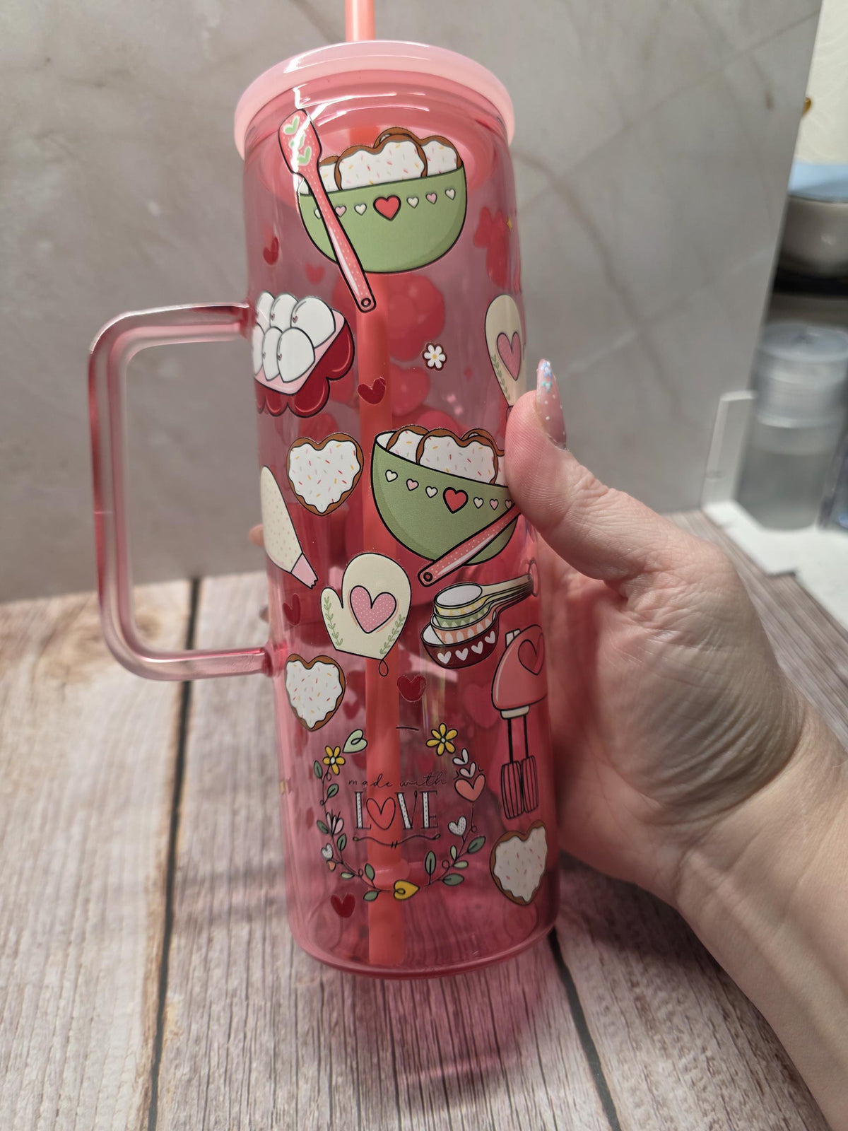 Baking | Pink Jelly Glass 20oz Skinny Tumbler W/Handle