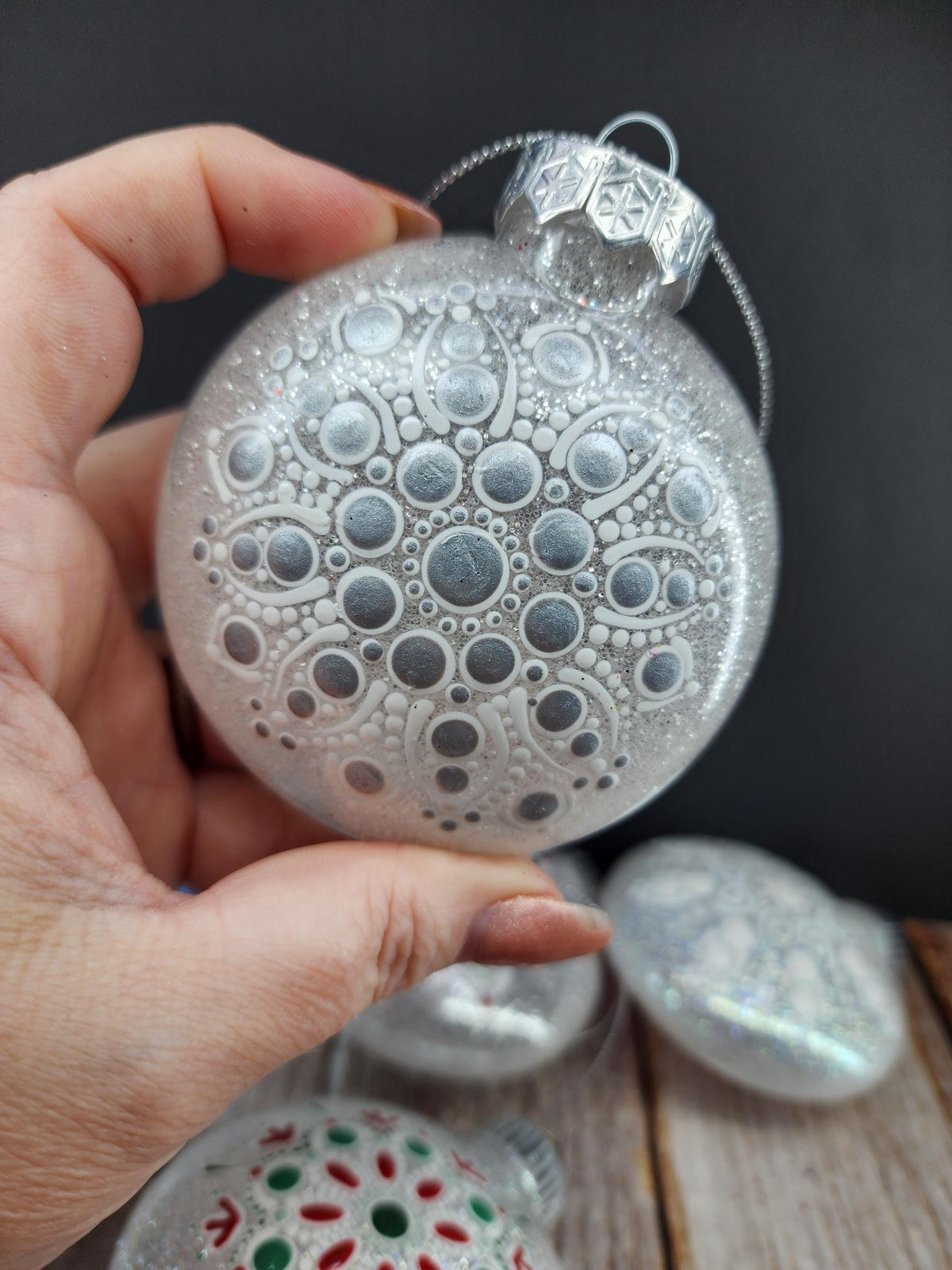 Whites & Champagnes - Hand Painted Mandala Glitter Ornament | Shatter Proof & Pet Friendly