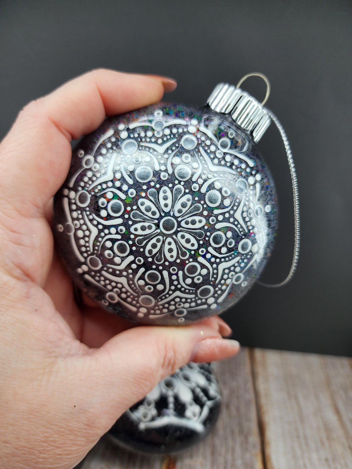 Blacks & Charcoals - Hand Painted Mandala Glitter Ornament | Shatter Proof & Pet Friendly