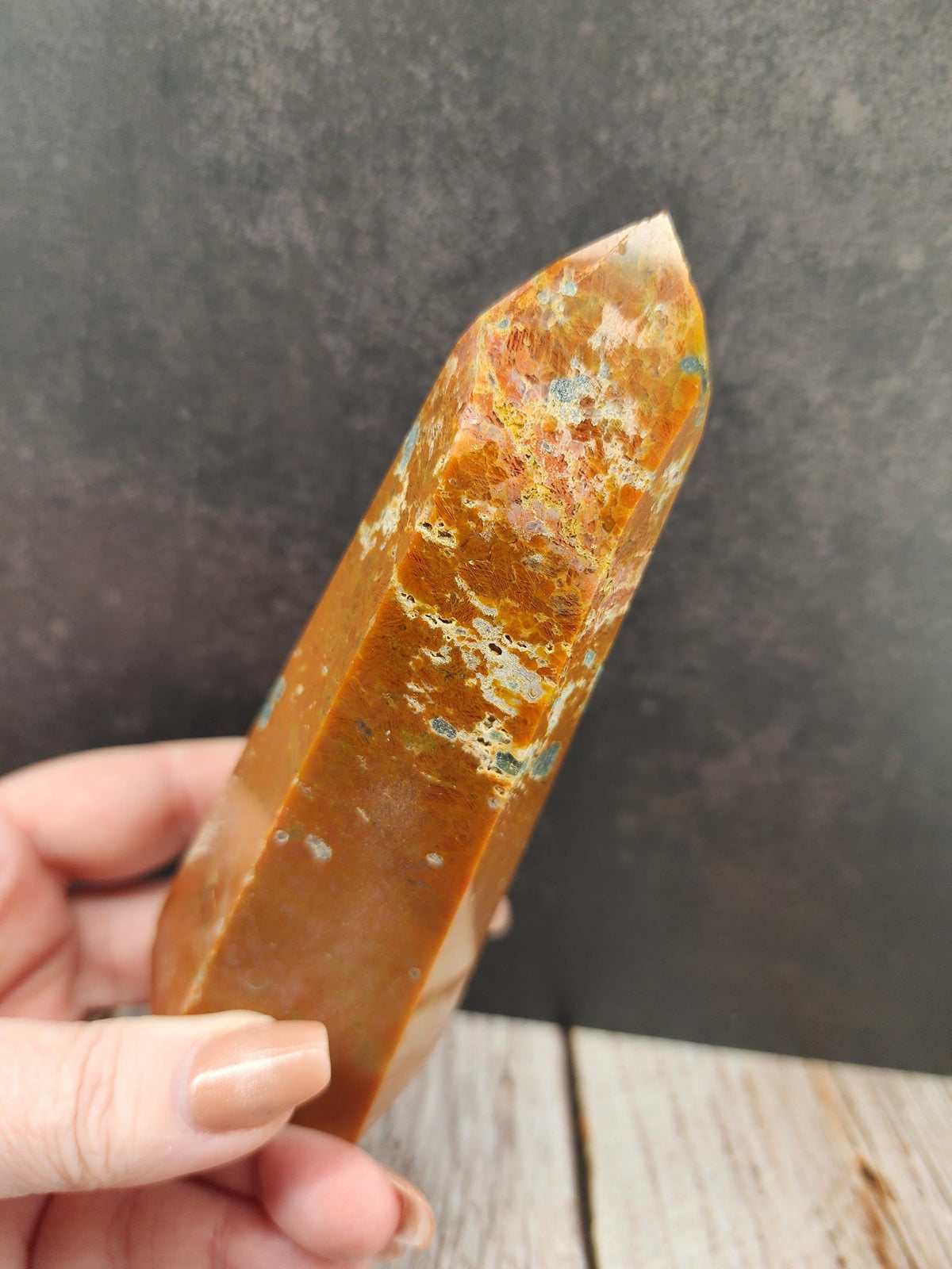 Natural Brazilian Orange Calcite with Blue Apatite Tower