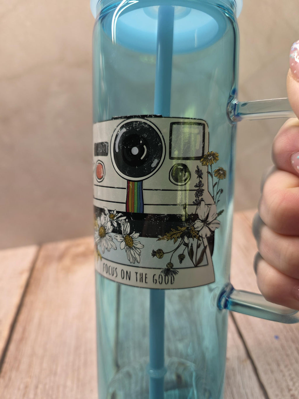 Floral Camera | Blue Jelly Glass 20oz Skinny Tumbler W/Handle