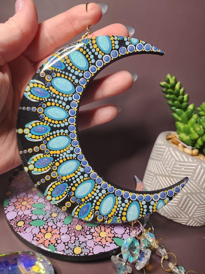 Hand Painted Mandala Crescent Moon Suncatchers