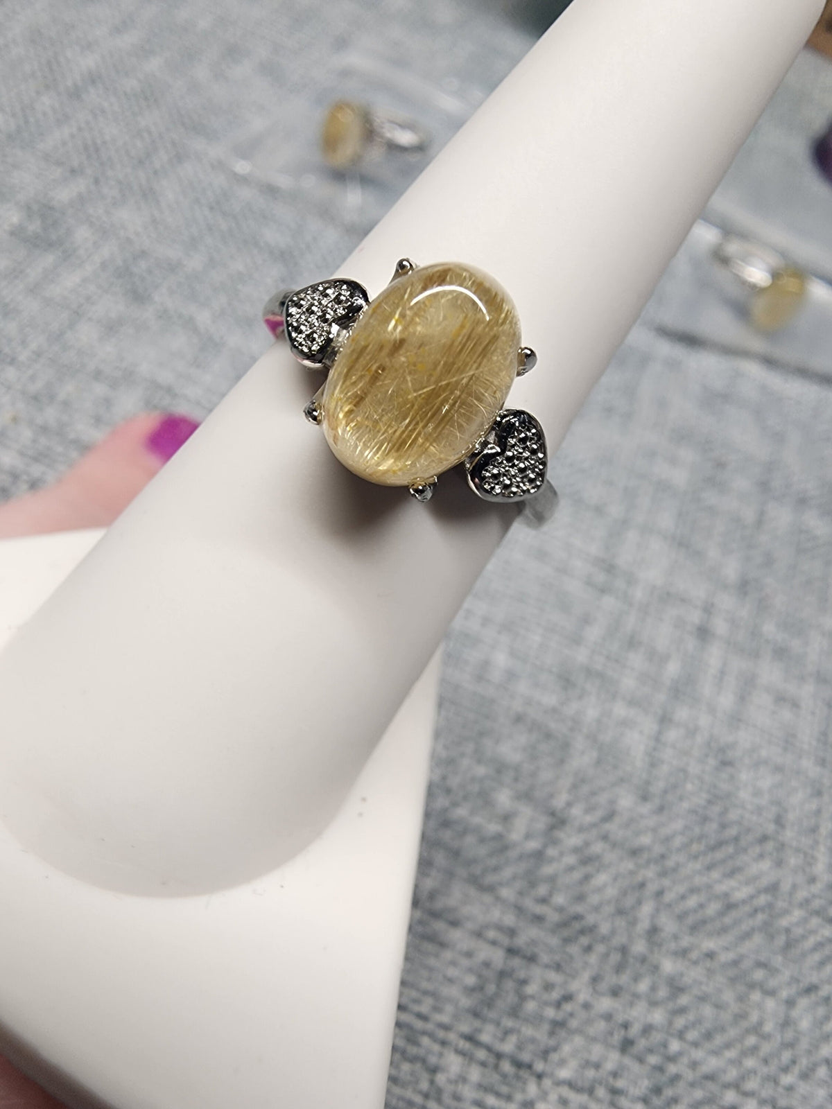 Natural Golden Rutile in Quartz Ring