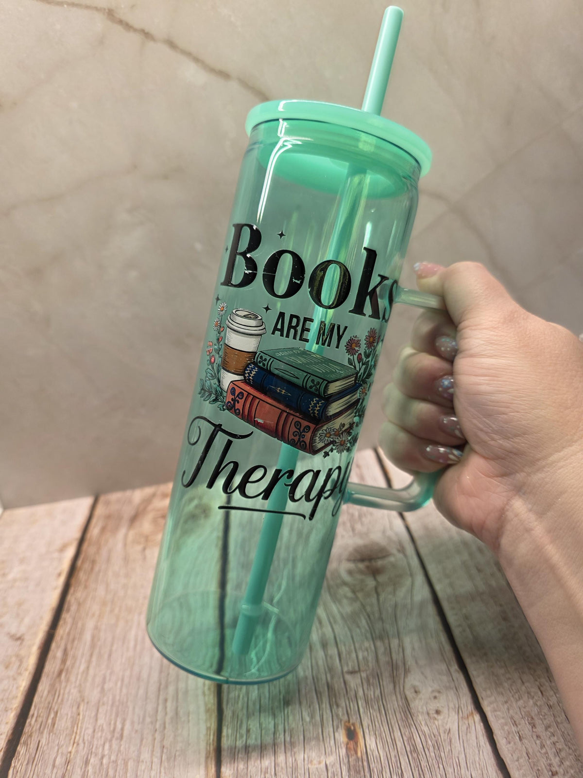 Books Are My Therapy | Green Jelly Glass 20oz Skinny Tumbler W/Handle