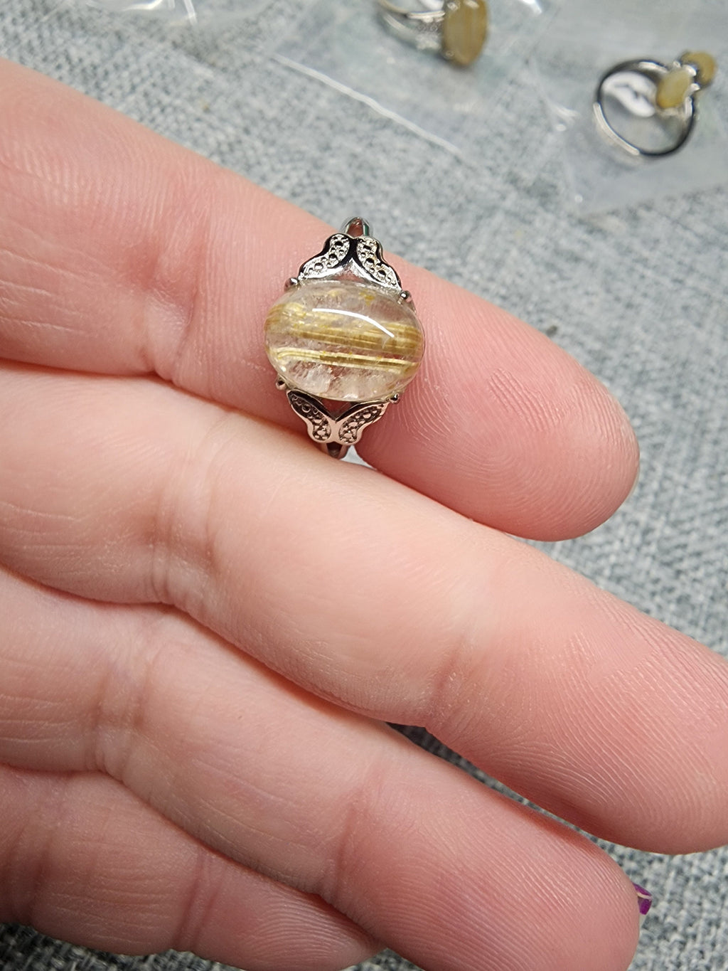 Natural Golden Rutile in Quartz Ring