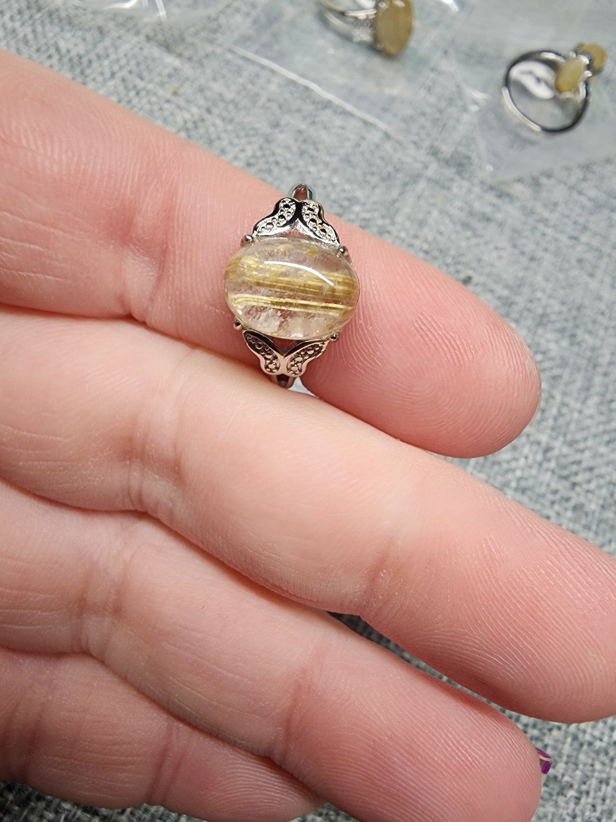Natural Golden Rutile in Quartz Ring