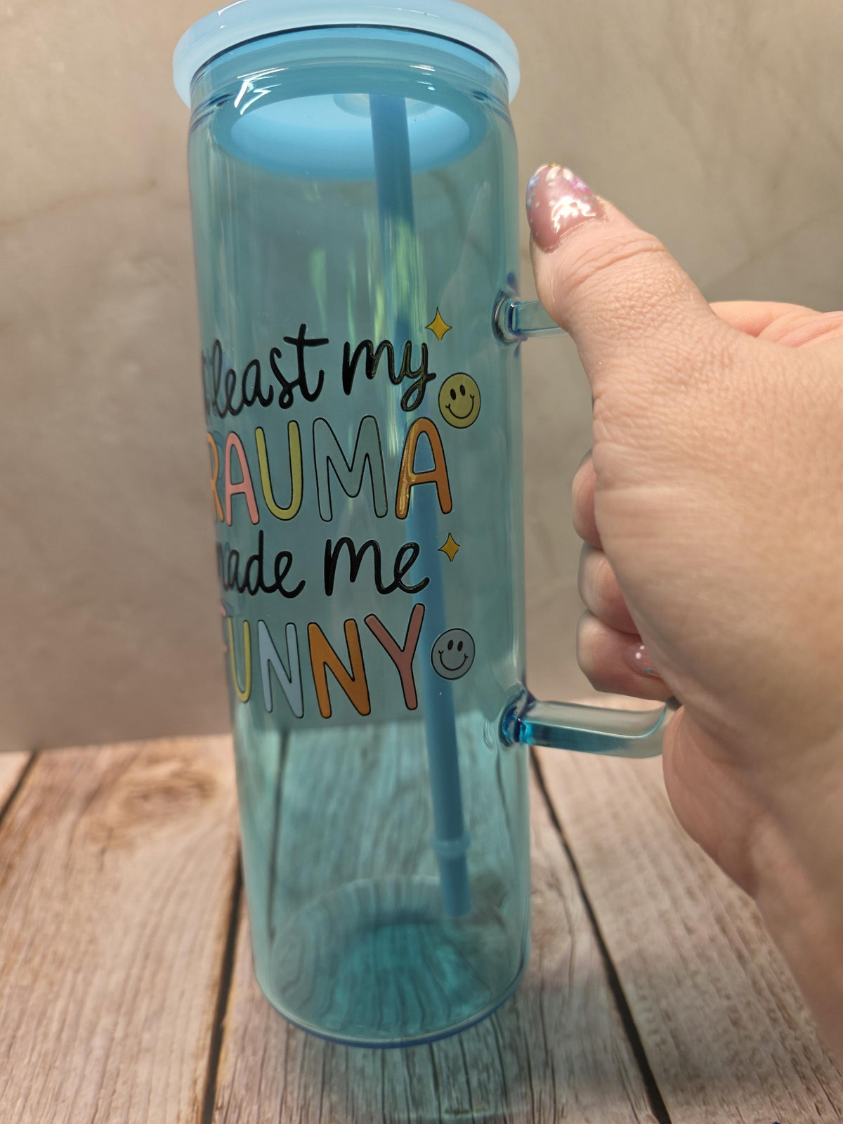 At Least My Trauma Made Me Funny | Blue Jelly Glass 20oz Skinny Tumbler W/Handle