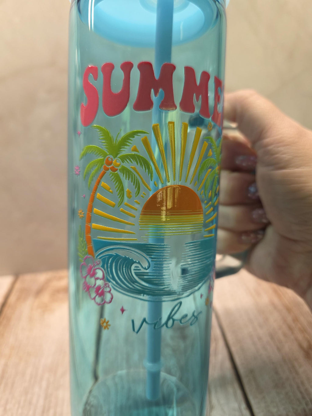 Summer Vibes | Blue Jelly Glass 20oz Skinny Tumbler W/Handle