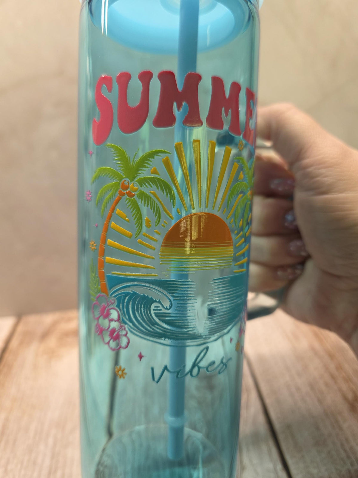 Summer Vibes | Blue Jelly Glass 20oz Skinny Tumbler W/Handle
