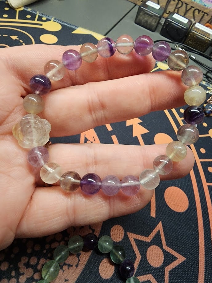 Natural Rainbow Fluorite with Rose Accent 8mm Stretch Bracelet
