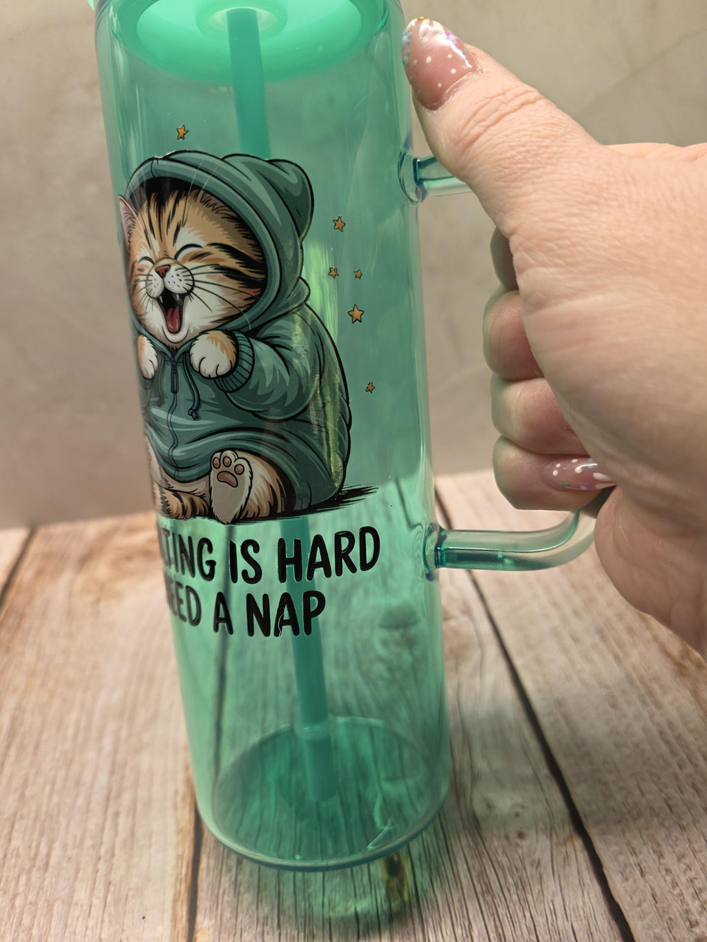 Adulting Is Hard, I Need A Nap Cat |Green Jelly Glass 20oz Skinny Tumbler W/Handle