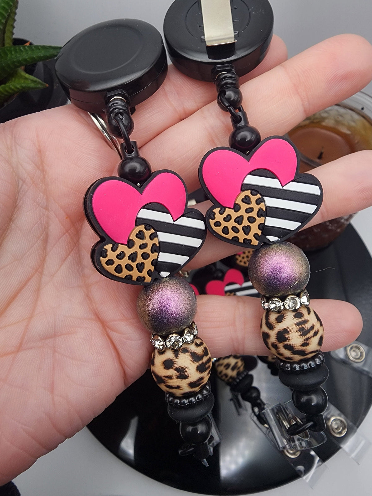 Leopard Print and Hot Pink Hearts Retractable Badge Reel