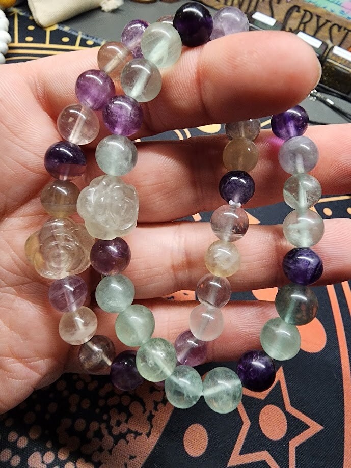 Natural Rainbow Fluorite with Rose Accent 8mm Stretch Bracelet