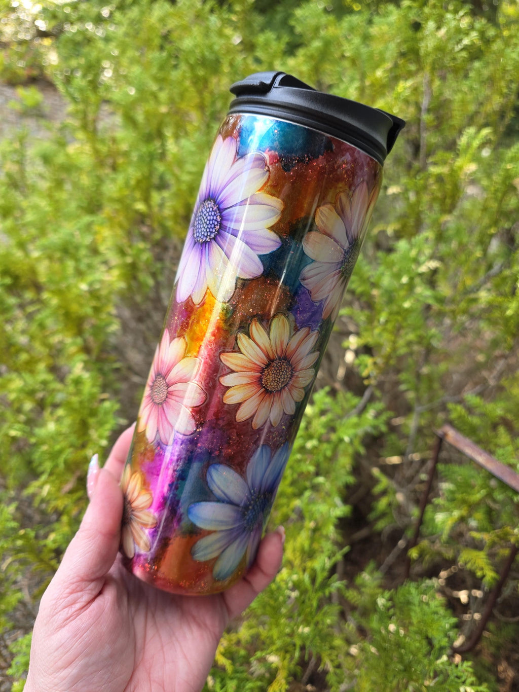 Watercolor Rainbow Flowers | 18oz Dual Flip Skinny Stainless Steel Epoxy Tumbler