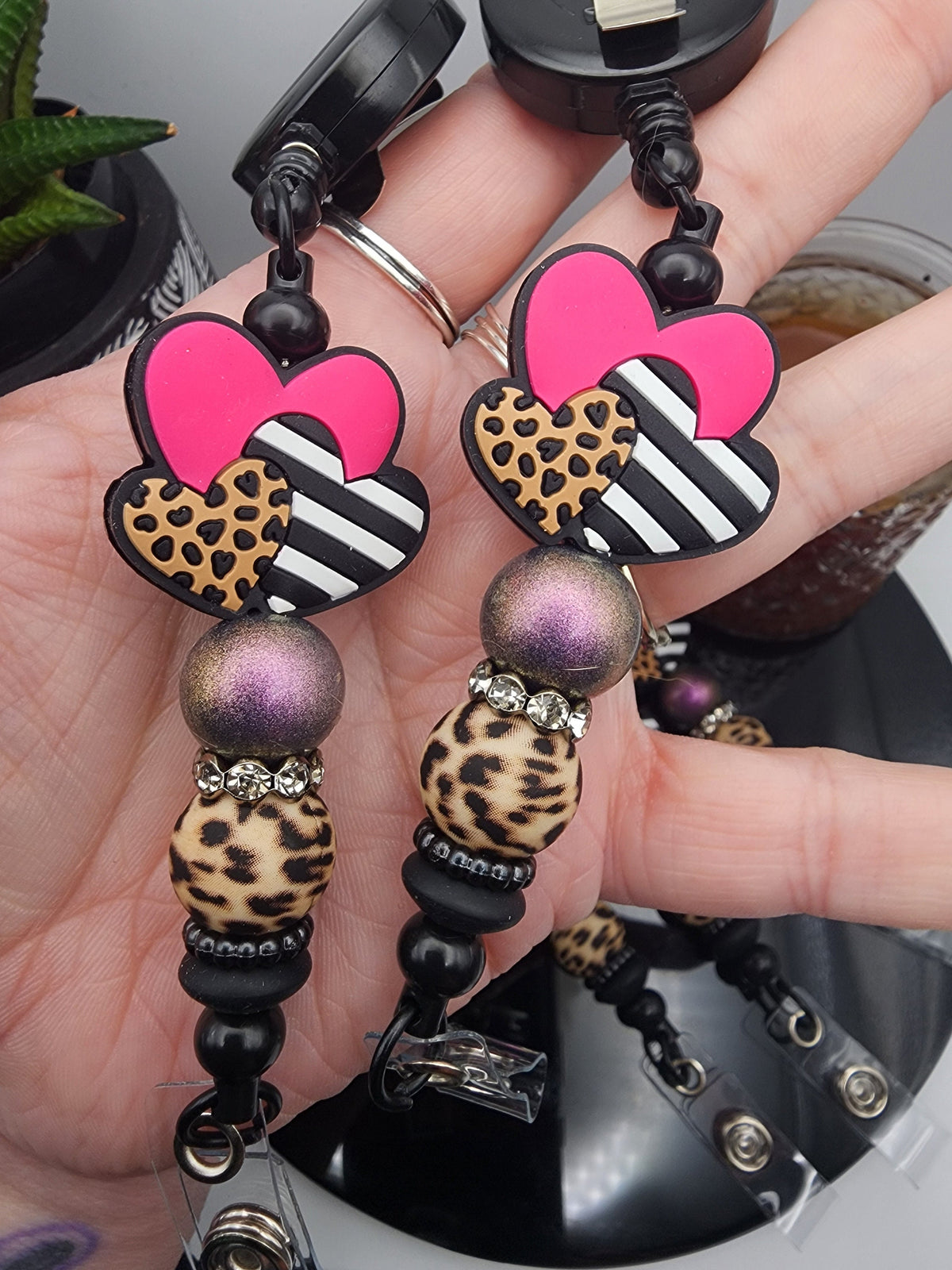 Leopard Print and Hot Pink Hearts Retractable Badge Reel
