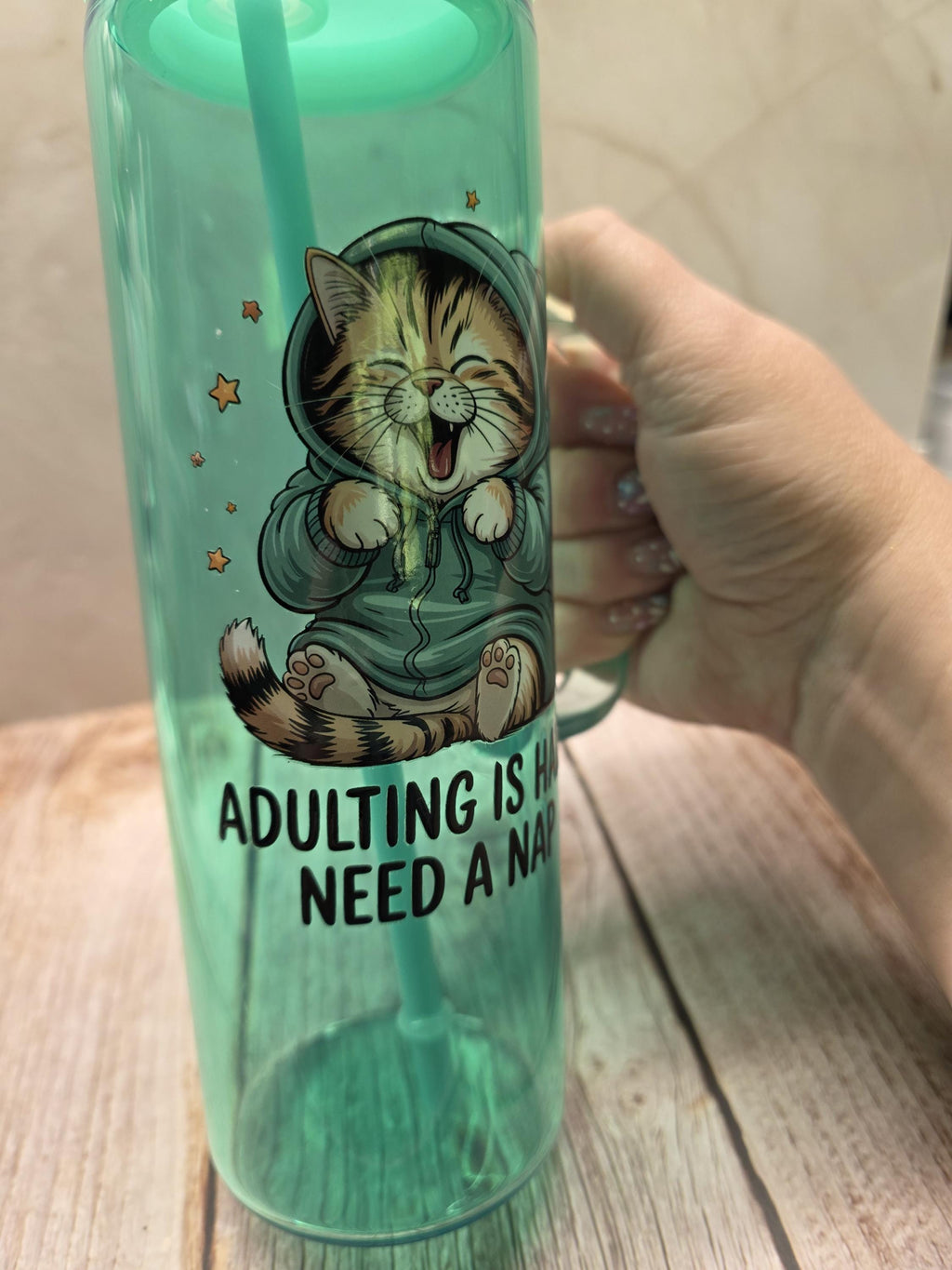 Adulting Is Hard, I Need A Nap Cat |Green Jelly Glass 20oz Skinny Tumbler W/Handle