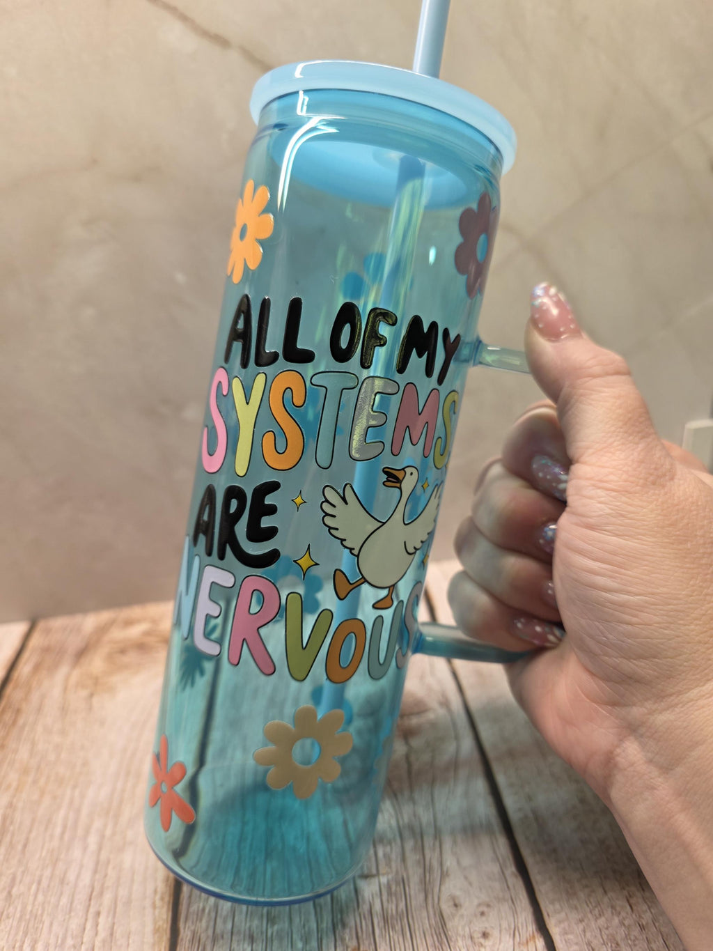 All Of My System Is Nervous | Blue Jelly Glass 20oz Skinny Tumbler W/Handle