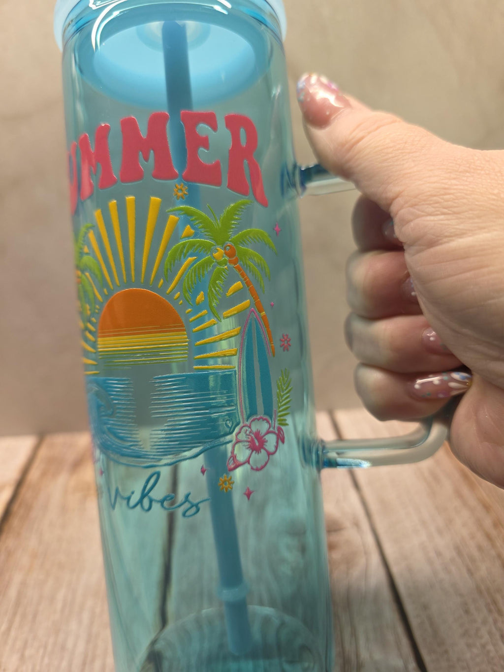 Summer Vibes | Blue Jelly Glass 20oz Skinny Tumbler W/Handle
