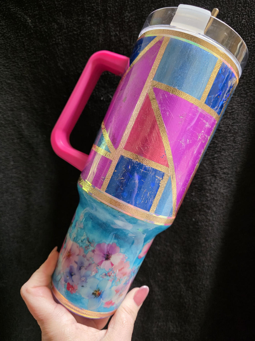 Floral Distressed Patchwork | 40oz Stainless Steel Epoxy Tumbler with Handle