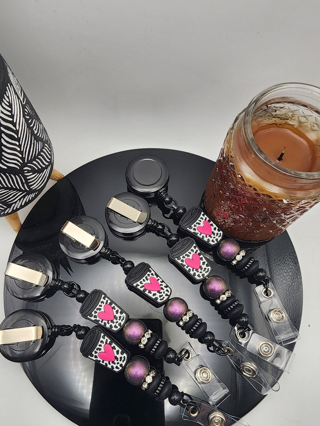 Hot Pink Heart Cheetah Print & Coffee Cup Retractable Badge Reel