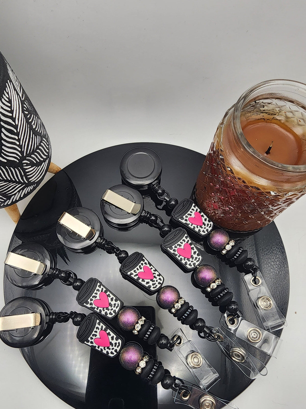 Hot Pink Heart Cheetah Print & Coffee Cup Retractable Badge Reel