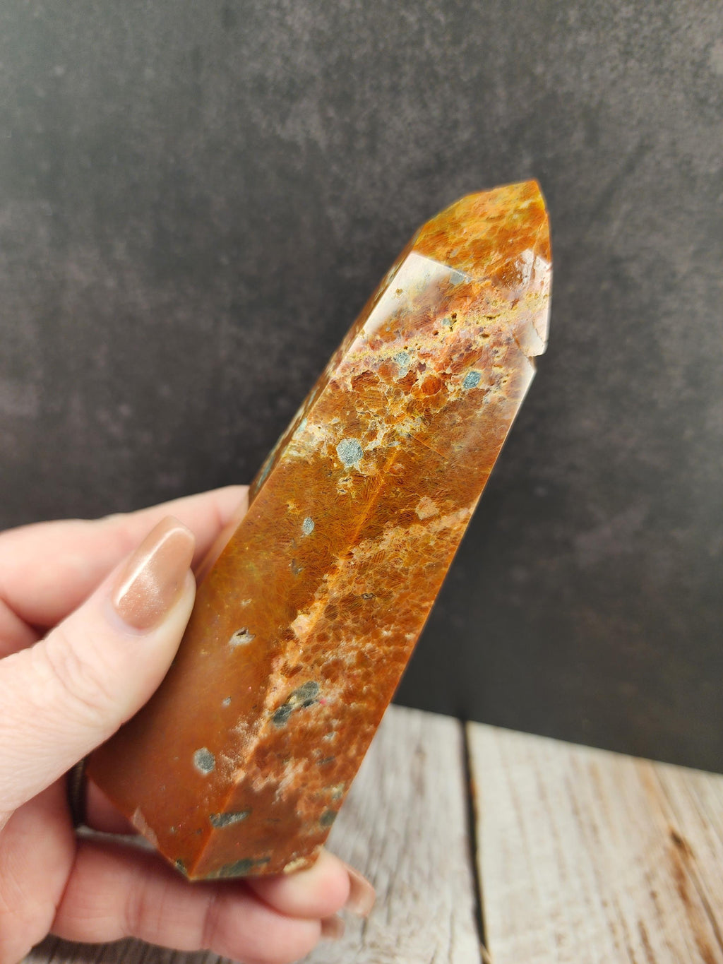 Natural Brazilian Orange Calcite with Blue Apatite Tower