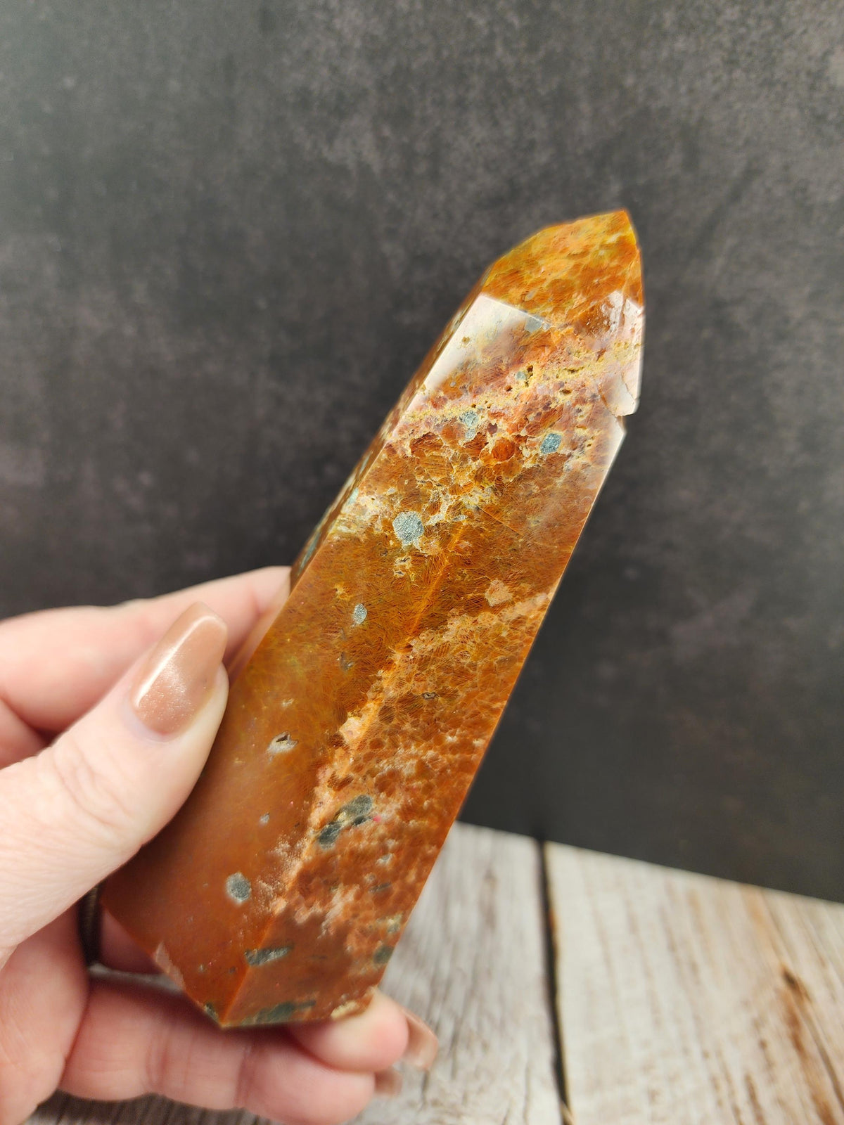 Natural Brazilian Orange Calcite with Blue Apatite Tower