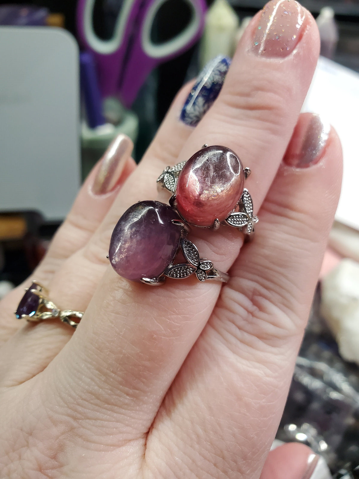 Natural Gem Lepidolite Adjustable Ring | Stainless Steel