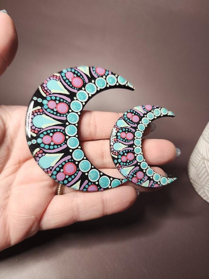 Hand Painted Pink & Teal Crescent Moon Magnet Set
