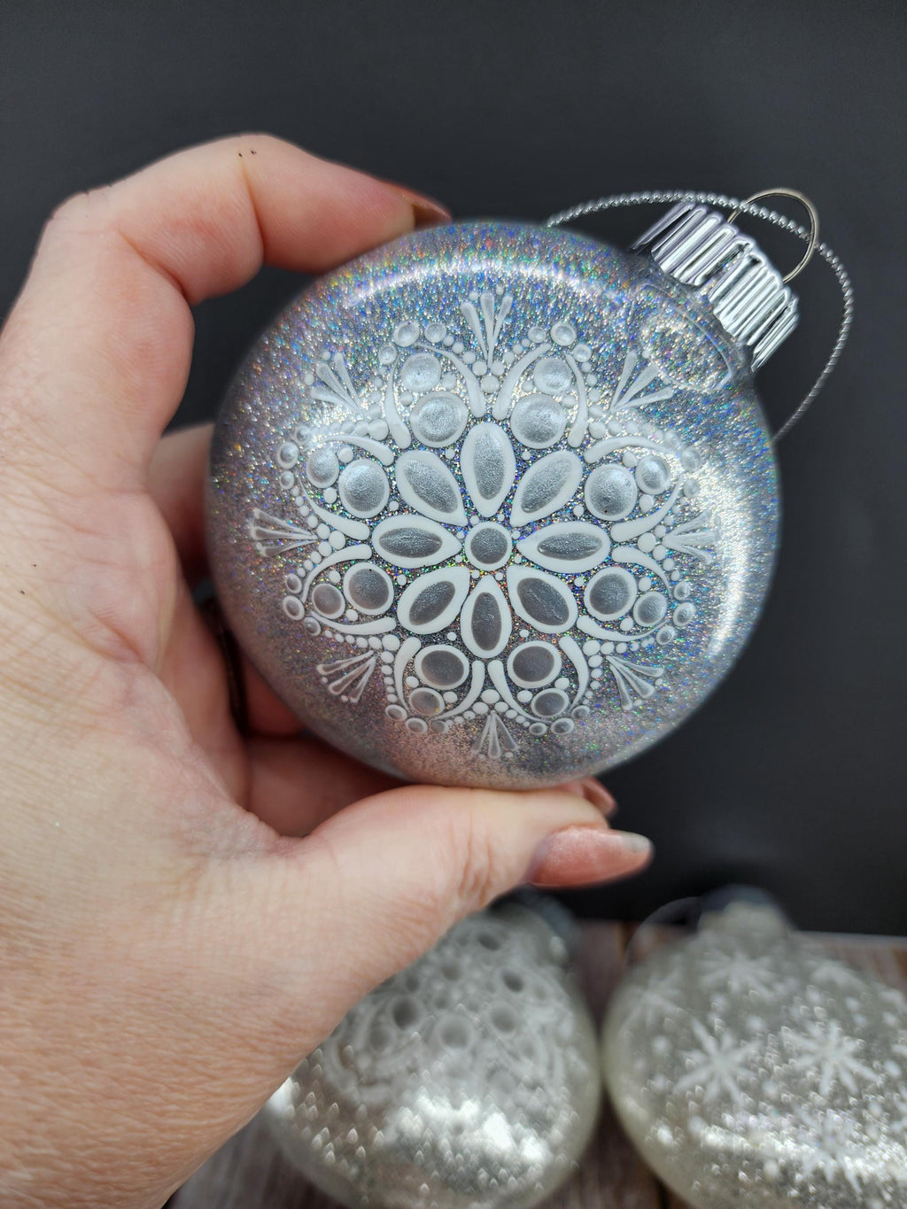Rose Golds & Silvers - Hand Painted Mandala Glitter Ornament | Shatter Proof & Pet Friendly
