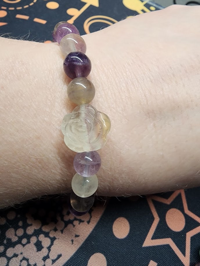 Natural Rainbow Fluorite with Rose Accent 8mm Stretch Bracelet