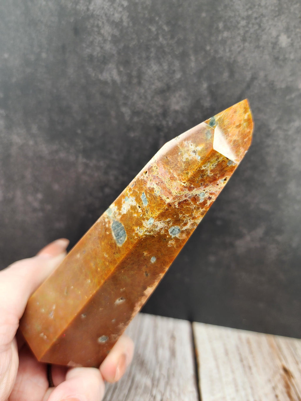 Natural Brazilian Orange Calcite with Blue Apatite Tower