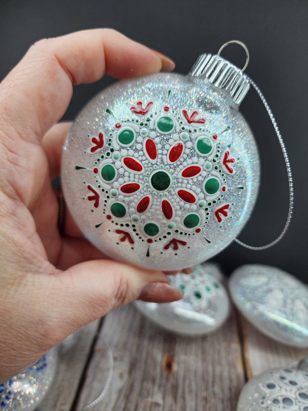 Whites & Champagnes - Hand Painted Mandala Glitter Ornament | Shatter Proof & Pet Friendly