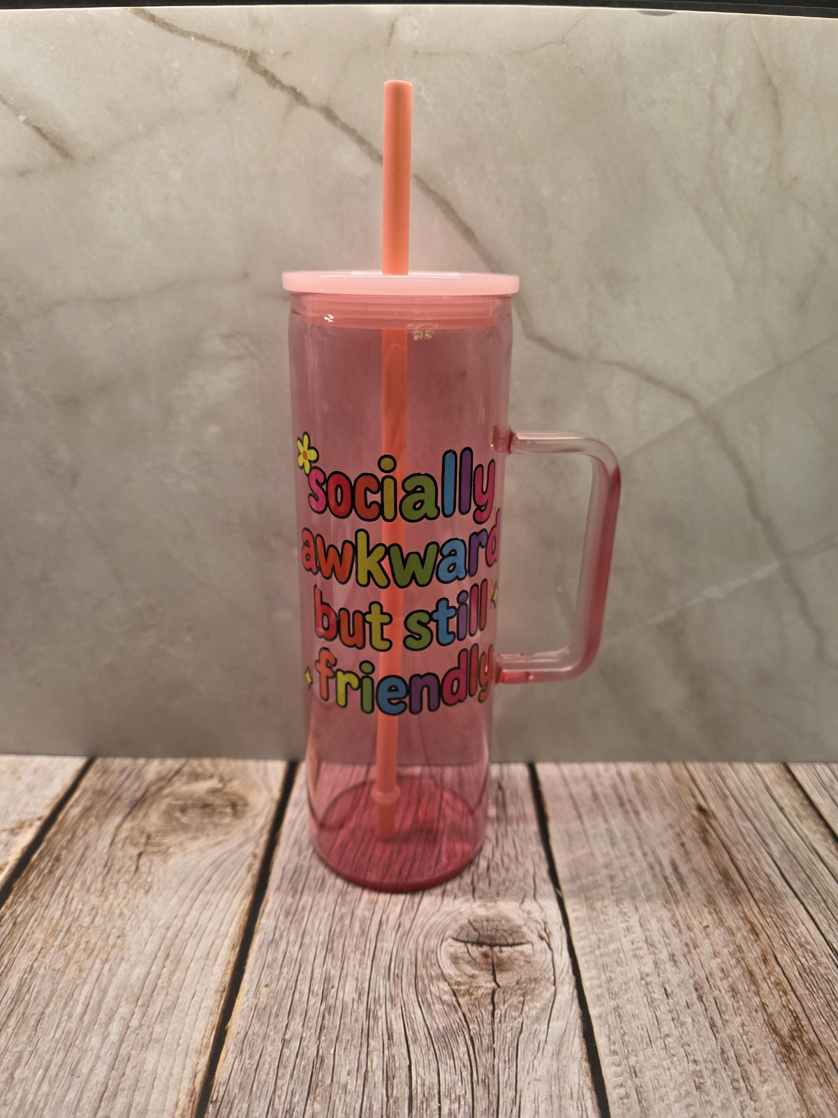 Socially Awkward But Still Friendly | Pink Jelly Glass 20oz Skinny Tumbler W/Handle
