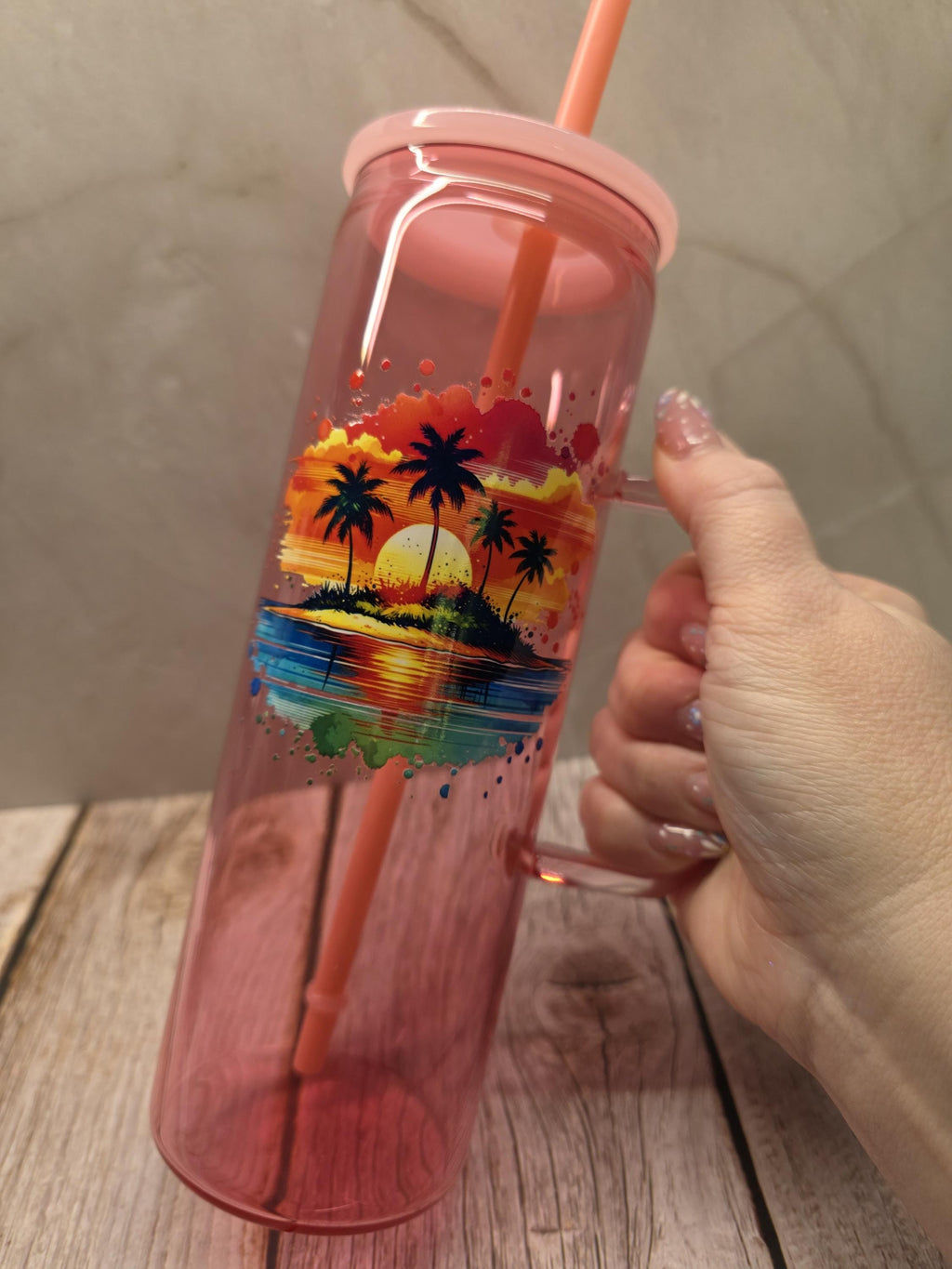 Beach Sunset | Pink Jelly Glass 20oz Skinny Tumbler W/Handle