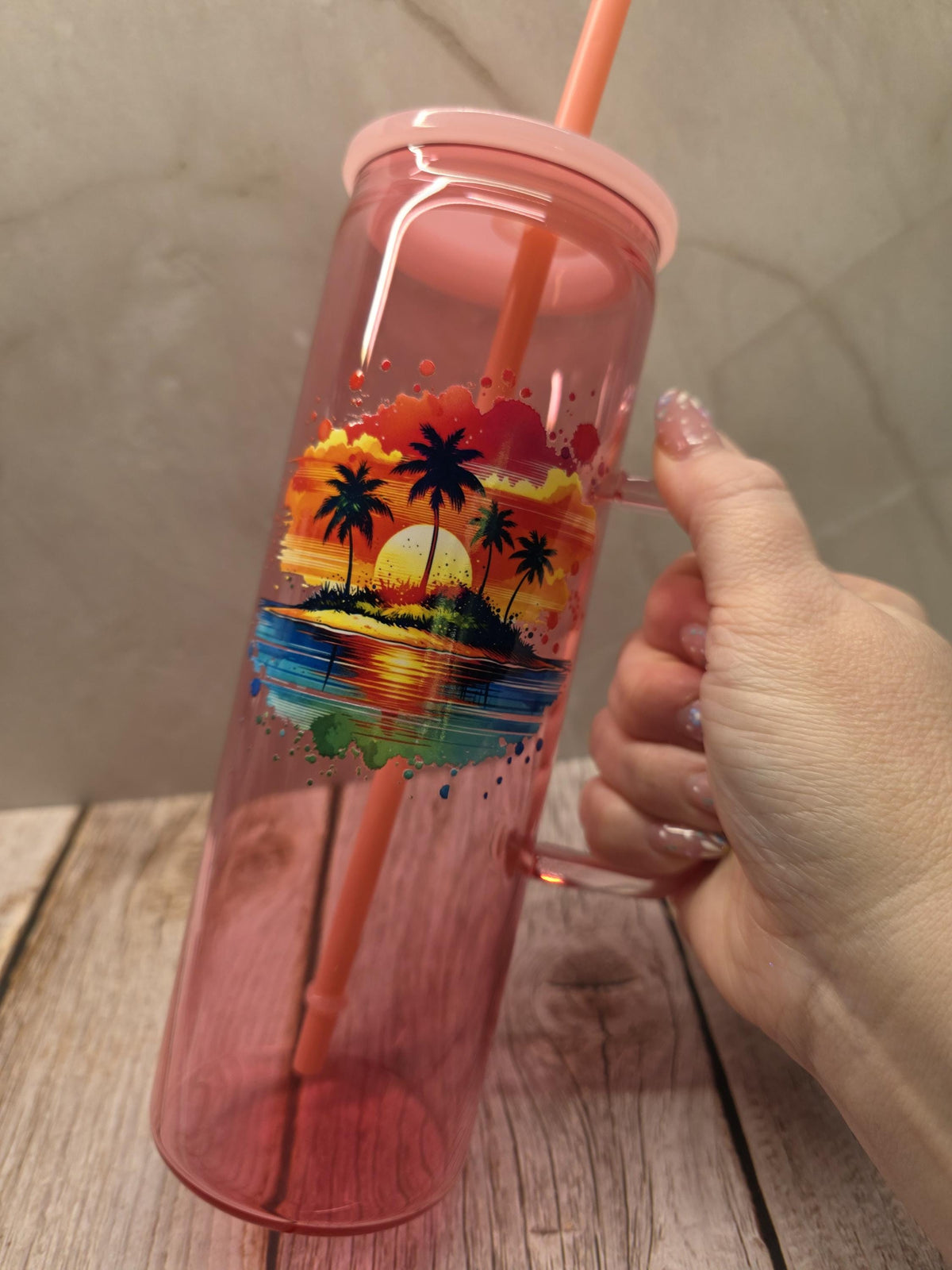 Beach Sunset | Pink Jelly Glass 20oz Skinny Tumbler W/Handle