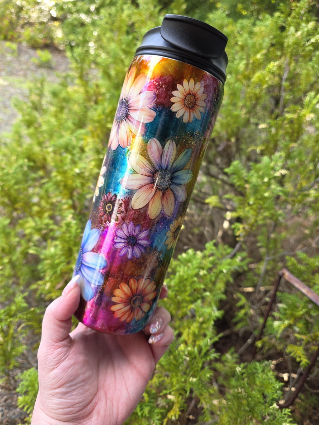 Watercolor Rainbow Flowers | 18oz Dual Flip Skinny Stainless Steel Epoxy Tumbler