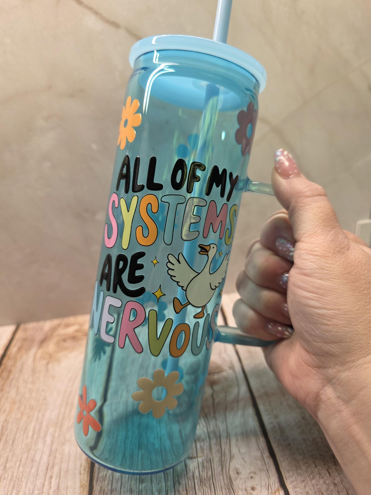 All Of My System Is Nervous | Blue Jelly Glass 20oz Skinny Tumbler W/Handle