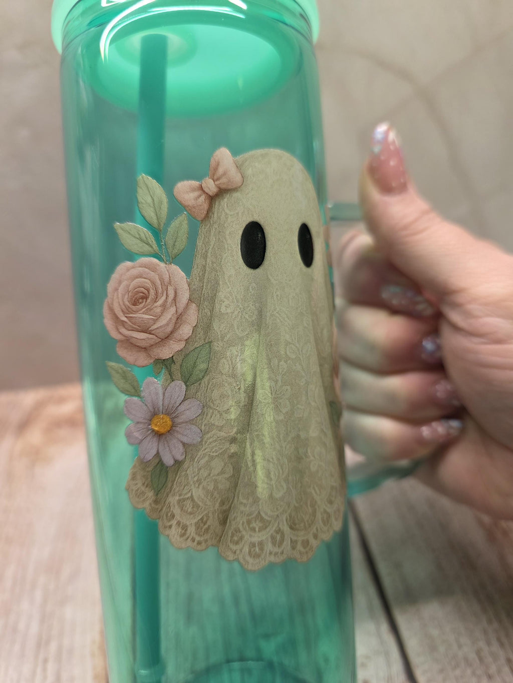 Cute Ghost | Green Jelly Glass 20oz Skinny Tumbler W/Handle