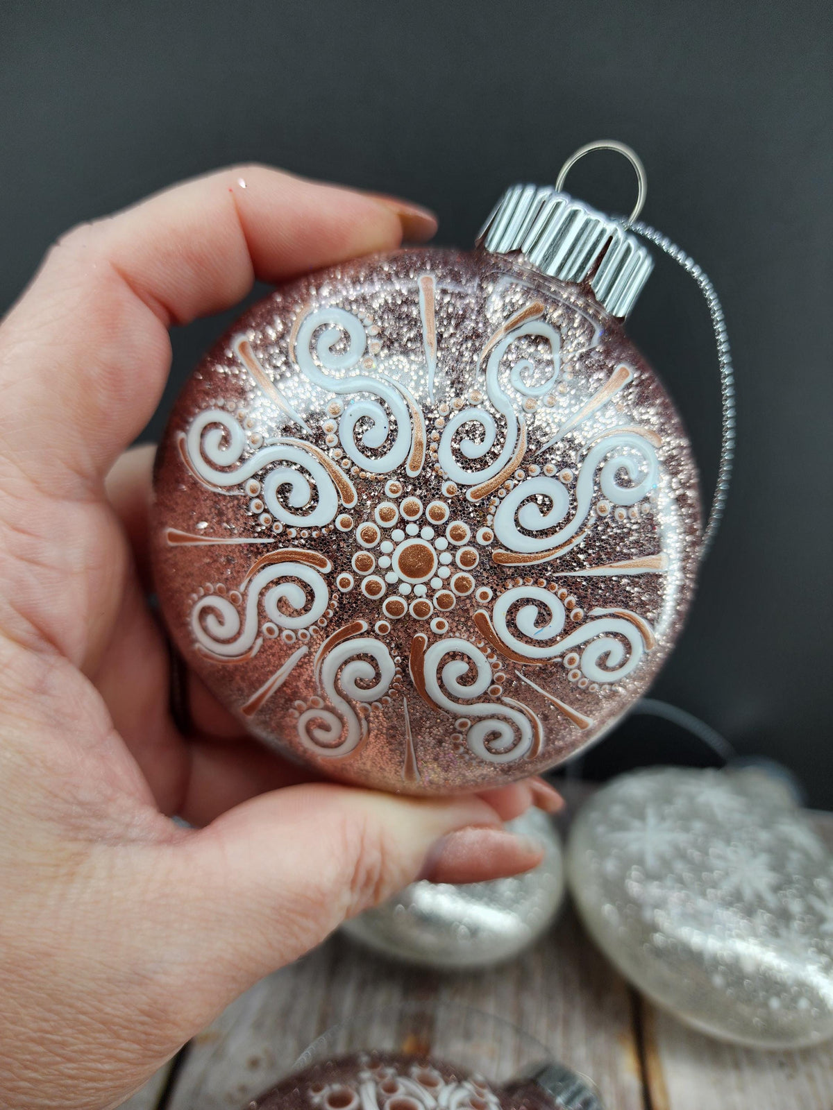 Rose Golds & Silvers - Hand Painted Mandala Glitter Ornament | Shatter Proof & Pet Friendly
