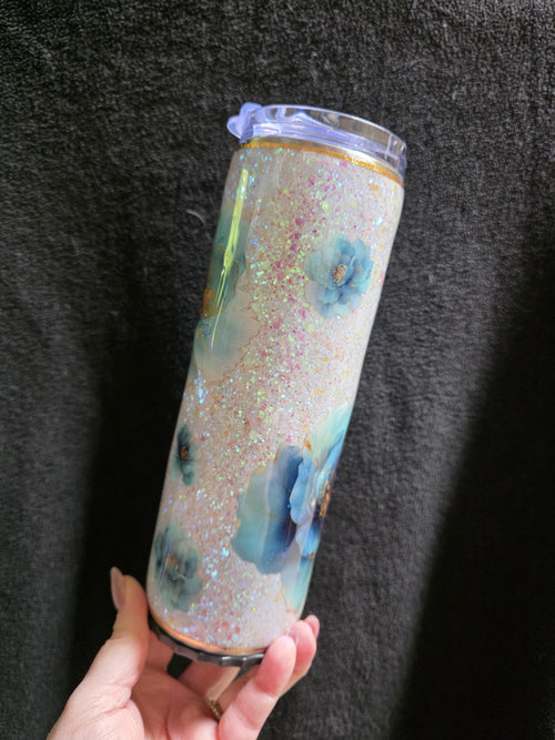 Blue Watercolor Flowers | 20oz Stainless Steel Skinny Strawbler Epoxy Tumbler