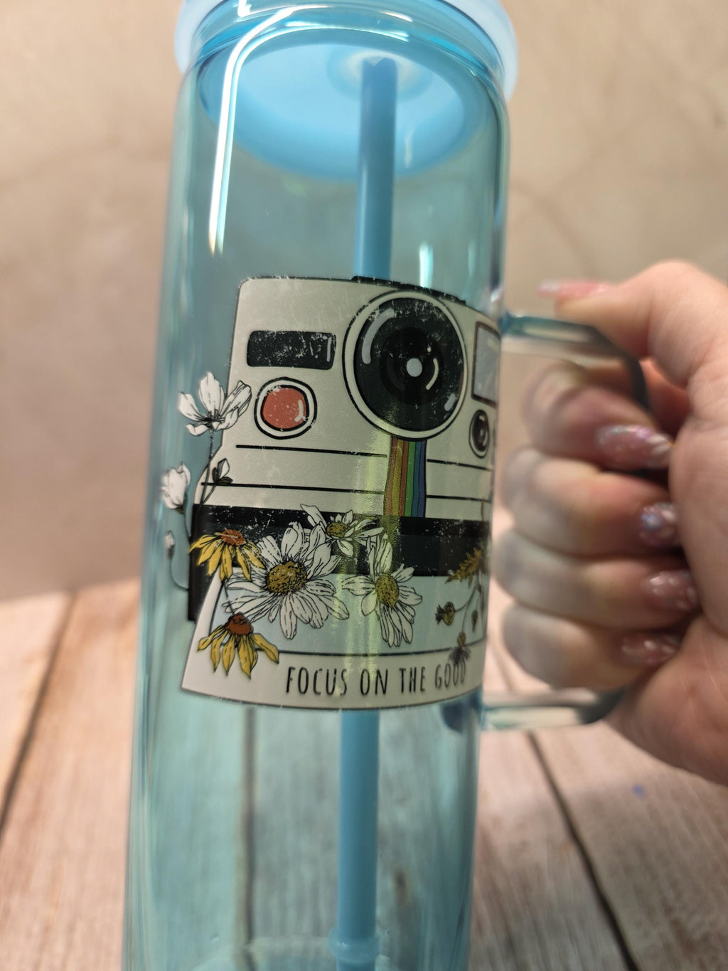 Floral Camera | Blue Jelly Glass 20oz Skinny Tumbler W/Handle